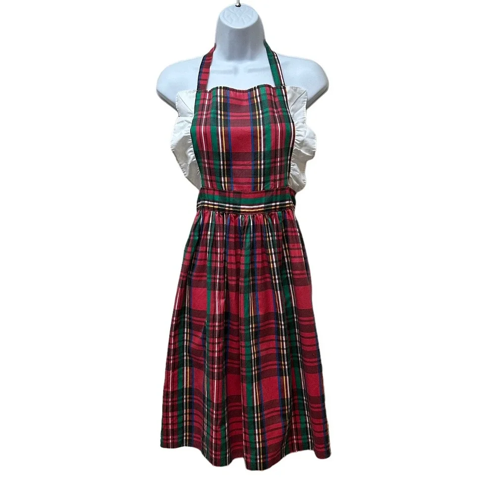 Vintage Red Plaid Ruffle Open Tie Back Apron Pinafore Cottagecore Christmas